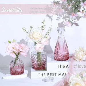 Set di 5 Vasi in Vetro Rosa per Fiori Singoli, Mini Vasi Vintage per Centrotavola Matrimoniali, Piccoli Vasi per Decorazioni da Tavola - Product Image 4