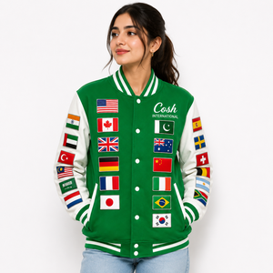 เสื้อแจ็คเก็ตวาร์ซิตี้สีเขียวขนสัตว์ Cosh International พร้อมผ้าไม่ทอ ย้อมสีสำเร็จรูป สำหรับฤดูหนาว แบบ unisex มีฮู้ด คอตั้ง โลโก้ด้านหน้า - Product Image 2