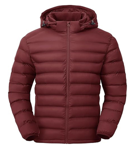 Men's Winter Puffer Jacket with Hood Solid <b>Pattern</b> Front Logo Zipper Closure - Product Image 6