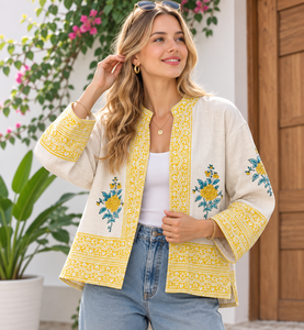 Veste bohème décontractée en coton écologique faite à la main, imprimée à la main, à fleurs, pour femmes, Handloom Haven, toutes saisons - Product Image 1