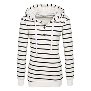 Sudadera con Capucha de Felpa Estampada de Alta Costura para Mujer, de Spandex/Algodón, con Patrón a Rayas, Mangas Largas, Botones, Ecológica - Product Image 1