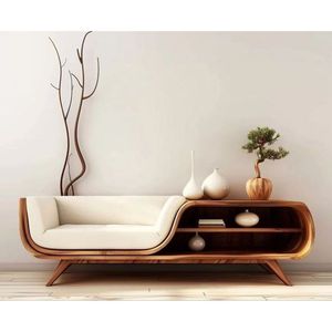 Scandinavian Style Wooden Sofa with Elegant Curved Design and Functional Storage <b>Shelf</b> for Home Interior - Product Image 1