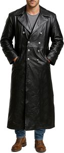Men's Genuine Leather Long Parka Double Breasted Turn-down Collar Regular Sleeve Breathable Embossed <b>Black</b> Outerwear - Product Image 2