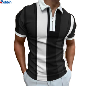 Polo de manga corta a rayas para hombre, de moda, con cremallera, informal, de punto, en bloques de color verde, blanco y negro. - Product Image 6