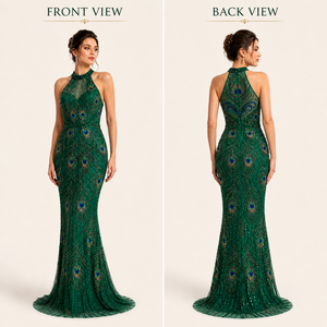 Vestido de Noche de Lujo Color Verde Esmeralda, con Lentejuelas y Cuentas, Cuello Alto, Moderno, para Fiesta Formal |   Ropa de Diseñadora para Mujer OEM India - Product Image 2