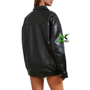 VANTEX Veste décontractée imperméable en cuir PU marron pour femme, fermeture éclair, col rabattu, coupe ample, style bomber - Product Image 4