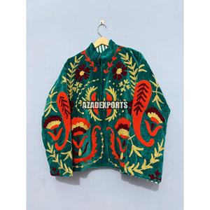 Hand Embroidered Woven Velvet Quilted Bohemian Blazer <b>Mandarin</b> <b>Collar</b> Full Sleeve Floral Pattern Women's Autumn <b>Jacket</b> - Product Image 4