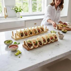 Soporte para Tacos de Madera de Acacia Ecológico y Moderno, Hecho a Mano, con 3 Ranuras, para Servir Tacos Mexicanos, Hot Dogs, Sándwiches, para Restaurantes - Product Image 4