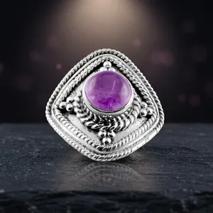Anillo de Cóctel Geométrico de Plata 925 con Amatista Natural en Engaste Biselado, Estilo Vintage, Unisex, para Uso Diario - Product Image 3