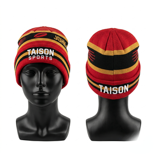 Custom Rugby Beanie 320 GSM Premium Acrylic Knit White <b>Navy</b> Green Striped Design Embroidered Logo - Product Image 3
