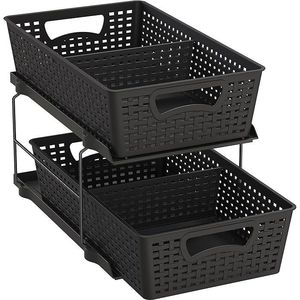 2-Tier Black Bathroom Organizer Tray with Pull-Out Sliding Drawer Under-<b>Sink</b> Storage <b>Baskets</b> - Product Image 1