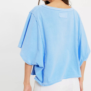 Women's Casual Oversized <b>Pink</b> Cotton Jersey T-Shirt Drop Shoulder O-Neck <b>Crop</b> <b>Top</b> Loose Fit Three Quarter Sleeve Solid Color - Product Image 5