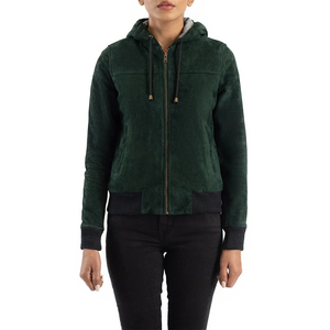 <b>Women's</b> Green Suede <b>Leather</b> <b>Moto</b> <b>Jacket</b> With Zipper Front Full Sleeve Stand Collar Autumn Outerwear Winter Season - Product Image 4