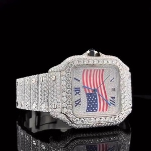 Luxury Silver Iced Out Watch VVS Moissanite Diamond American Flag Dial Fully Paved Square <b>Case</b> Steel Bracelet Men Custom Watch - Product Image 2