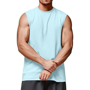 Camiseta sin mangas para hombre, azul claro, cuello redondo, de secado rápido, informal, para gimnasio, entrenamiento, color sólido, tejido de poliéster, chaleco muscular - Product Image 3