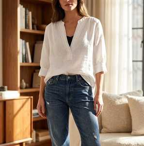 Blusa de Lino para Mujer, Cuello en V, Estilo Casual, Holgada, Minimalista, Túnica de Lino de Verano, Manga Larga, Ligera - Product Image 4