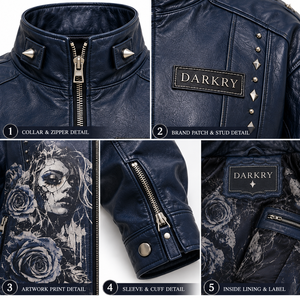 <b>Navy</b> Blue <b>Women</b> Genuine Leather Biker Jacket Custom Stand Collar Floral Portrait Artwork Studded OEM Factory Supplier - Product Image 6