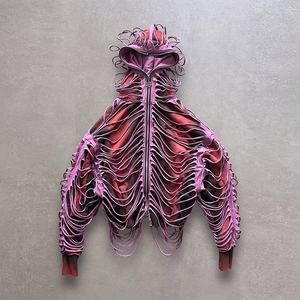 Veste à capuche de style punk pour homme, coupe ample, manches chauve-souris, design à volants, polyester tissé violet et rouge, manteau d'hiver - Product Image 1