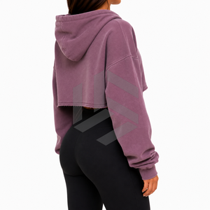 Women's <b>Cropped</b> <b>Zip</b>-<b>Up</b> Hoodie Solid Color Oversized Fleece Sweatshirt With Logo Front Autumn Casual Wear - Product Image 4