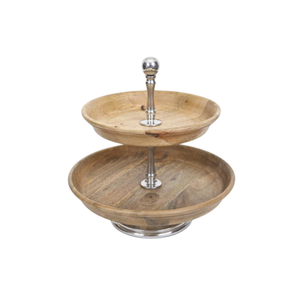 Handmade 2-Tier Mango Wood <b>Cake</b> <b>Stand</b> With Silver Metal Pillar For Decorative Round Tiered Serving Tray For Cupcakes And Dessert - Product Image 1