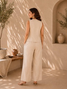 Conjunto de Chaleco Bordado de Algodón para Mujer con Pantalones hasta el Tobillo, Estilo Étnico Informal, Corte Holgado de Verano, Estilo India Pakistán - Product Image 3