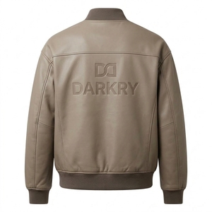 Blouson aviateur en cuir de vachette véritable kaki taupe pour homme, avec logo personnalisé en relief, bordure côtelée, fermeture éclair, fournisseur d'usine - Product Image 2