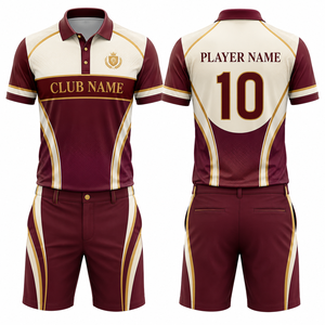 Ensemble polo et short de golf sportif pour femme, coloris bordeaux, crème et or, séchage rapide, en Spandex/Coton, col polo, logo imprimé sur le devant - Product Image 1