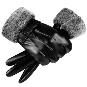 Unisex Black Leather Full Finger Fashion <b>Gloves</b> with Button Closure <b>Touchscreen</b> Compatible Winter Outdoor Use - Product Image 3