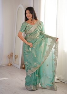Women's Olive <b>Green</b> <b>Silk</b> Saree With Zari Embroidery And Hotfix Work Traditional Wedding Wear India Pakistan Style - Product Image 3