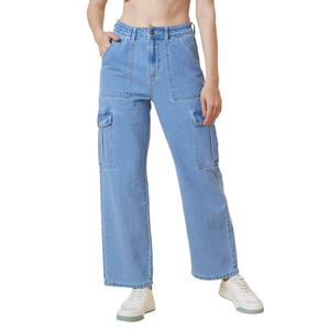 Women Denim Cargo Pants High Waisted Wide Leg Jeans Light Wash Multi Pocket Loose Utility Denim Trousers Lady - Product Image 4