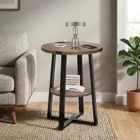 Table d'appoint ronde moderne en bois avec pieds en métal et étagère de rangement, meuble de salon avec prise de charge