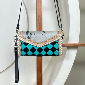 Bolso Bandolera Cruzado de Cuero Vacuno con Diseño de Cuadros, Bolso de Mano con Múltiples Compartimentos para Uso Diario, Bolso de Mano con Correa de Muñeca de Cuero Repujado a Mano - Product Image 4