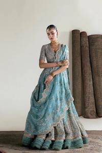 Premium Pakistani Bridle <b>Dress</b> Royal <b>Teal</b> Blue Sculptural Bridal Gown Featuring Bold Structured Padded Shoulders Intricate - Product Image 3
