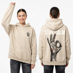 เสื้อฮู้ดดี้สีครีมขาวแบบกำหนดเองสำหรับผู้หญิง ลายกราฟิกมือโครงกระดูก Stay Calm สไตล์สตรีทแวร์แบบทำสีซีด ล้างสีแบบ Acid Wash คุณภาพสูงจากซัพพลายเออร์ - Product Image 1