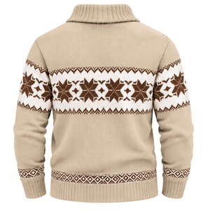Pull tricoté décontracté pour homme, col châle, motif à carreaux beige, marron et blanc, manches longues, pull d'hiver avec logo frontal, vente en gros de tricots - Product Image 2