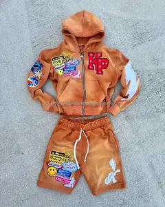 Short à capuche épais 500g en éponge française Logo personnalisé Short délavé au soleil Short à capuche unisexe Survêtement brodé Ensemble unisexe - Product Image 5