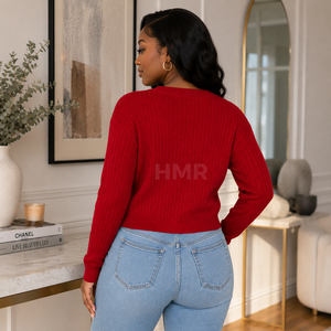HMR Sisterhood Sorority Acrylic Red Knitted V-Neck <b>Cardigan</b> Long <b>Sleeve</b> Button Front Casual Top Plain <b>Short</b> Length Sweater - Product Image 4