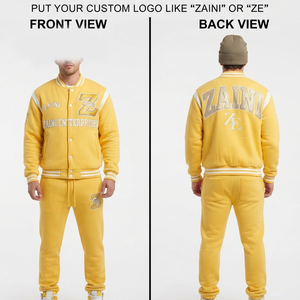 Mens Varsity Tracksuit 380 GSM Premium Cotton Fleece Yellow White Ribbed Custom Chenille <b>Embroidery</b> Tackle Twill Logo OEM ODM - Product Image 1