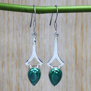 Boucles d'oreilles pendantes en argent sterling 925 sur mesure avec cabochon en malachite, fabrication OEM ODM, étiquette privée, vente en gros - Product Image 2