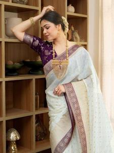 Sari de Seda Litchi Premium con Patrón Banarasi, Bicolor, Ropa Étnica para Mujer, Borde Zari Tradicional, Protección Solar, Secado Rápido, Estilo Indio - Product Image 3