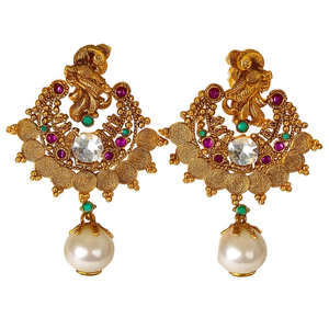 Vintage Gold Plated Chandelier Drop Earrings with Jade Pearl Diamond Moissanite - Product Image 3
