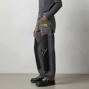 Men's Gray Ripped <b>Denim</b> Pants With Logo Patch High Waist Street Style Cotton Canvas <b>Material</b> Distressed Look Autumn Wear - Product Image 4