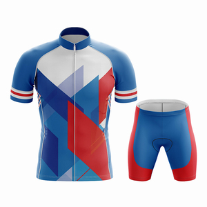 Tenues de cyclisme de marque pour hommes, à manches courtes, avec fermeture éclair, bleu, rouge, blanc, motif géométrique, vêtements de cyclisme pour garçons - Product Image 1