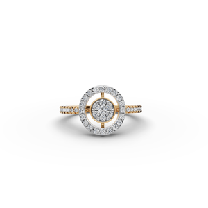 Anillo de compromiso o promesa con halo redondo de diamantes cultivados en laboratorio, zafiro rosa talla marquesa y patrón geométrico. - Product Image 1