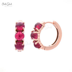 Boucles d'oreilles pendantes en rubis de Birmanie naturel de 4 mm, taille ronde, prêtes à être expédiées, en or rose massif 14 carats, style Huggie Hoops, vente en gros, bijoux de mariage - Product Image 1