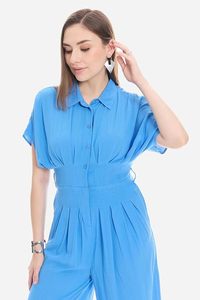 Women's Blue High Waist Crepe Jumpsuit Polo Collar Puff Short Sleeves Loose Fit Ankle Length Casual Printed Spring <b>Summer</b> Wear - Product Image 3