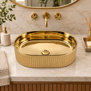 Lavabo Ovalado de Lujo de Latón Acanalado, Lavabo de Sobremesa Dorado con Diseño Acanalado, Lavabo Moderno para Baño, Proyecto Hotelero, Venta al por Mayor - Product Image 5
