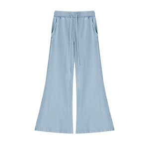 Pantalones Acampanados de Talla Grande para Mujer, Cintura Alta con Cordón, Color Sólido, Corte Holgado Informal, Largos, Estilo Vintage, 100% Algodón - Product Image 1