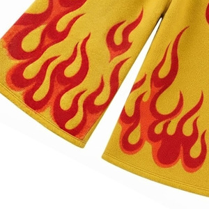 Men's Yellow Baggy <b>Sweat</b> <b>Shorts</b> with Red Flame Pattern Wide Leg Fleece Jorts Streetwear - Product Image 6