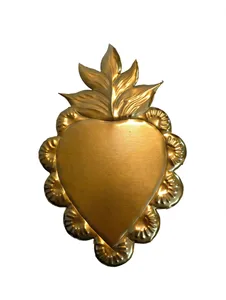 Decoración de Pared de Corazón Sagrado en Metal Dorado, Ex Voto, Adorno Colgante de Corazón Flameante, Estilo Boho Vintage, Arte Religioso Católico para Interiores del Hogar - Product Image 1